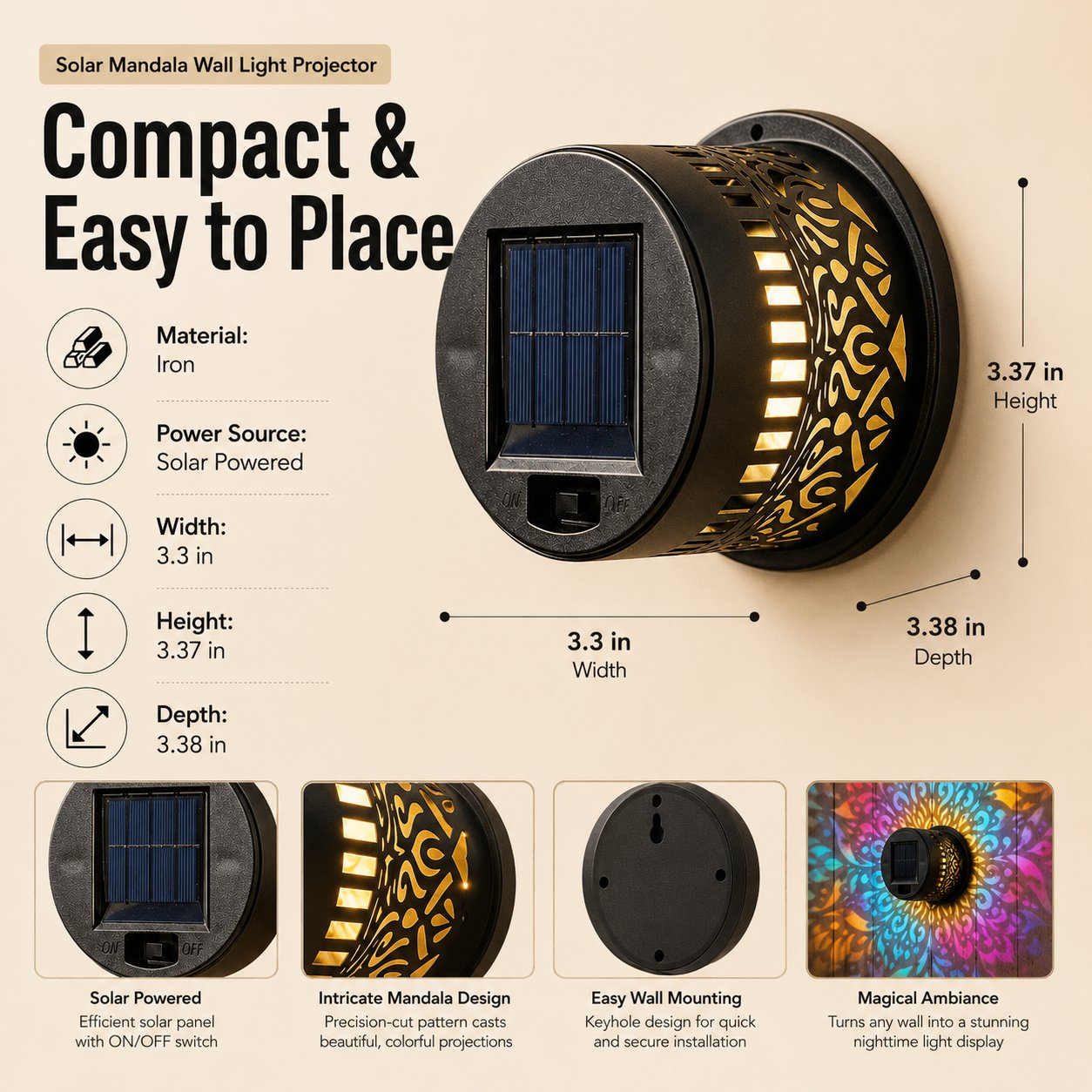 Solar Mandala Wall Light Outdoor Garden Fence Projector Lamp Patio Ambient Decor