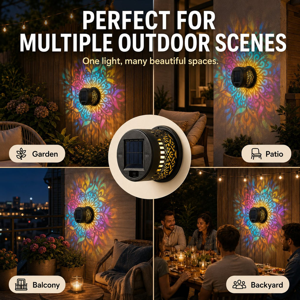Solar Mandala Wall Light Outdoor Garden Fence Projector Lamp Patio Ambient Decor